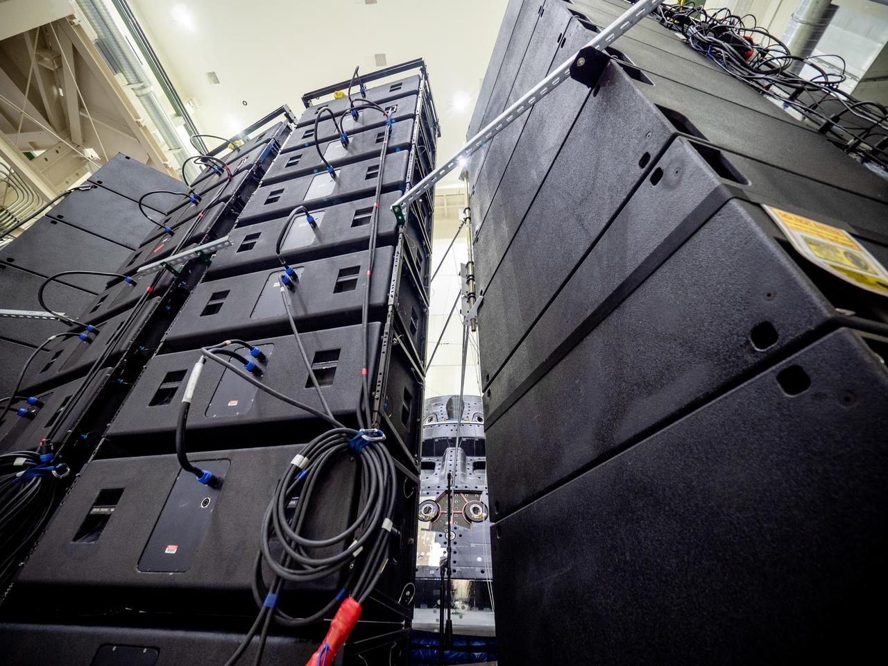 The Orion crew module for Artemis I, shown here on May 2, 2019, recently underwent Direct Field Acoustics Test (DFAT) where it was exposed to maximum acoustics levels that the vehicle will experience in space. Spacecraft response and sound pressure data were collected with microphones, strain gauges and accelerometers. The max decibel level was -12dB.