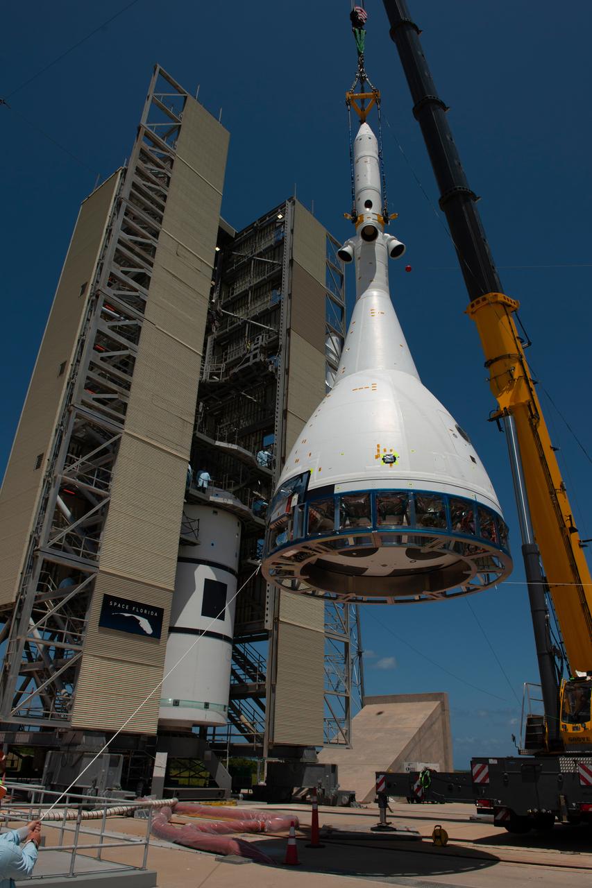 The Orion Ascent Abort-2 (AA-2) vehicle arrives at the launch pad for stacking with the abort test booster on May 23, 2019.