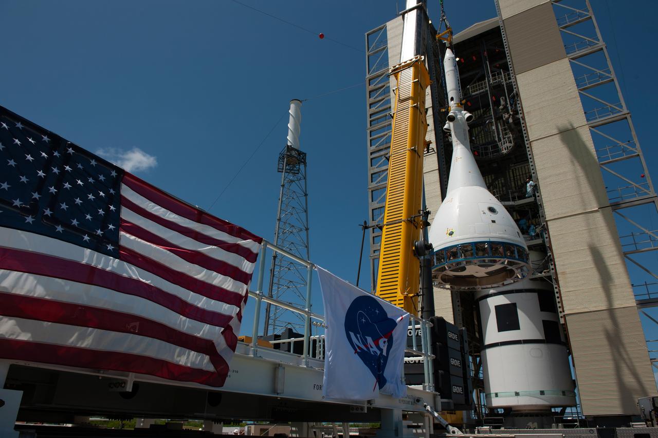 The Orion Ascent Abort-2 (AA-2) vehicle arrives at the launch pad for stacking with the abort test booster on May 23, 2019.