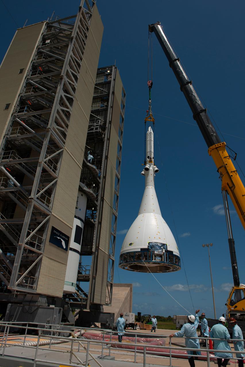 The Orion Ascent Abort-2 (AA-2) vehicle arrives at the launch pad for stacking with the abort test booster on May 23, 2019.