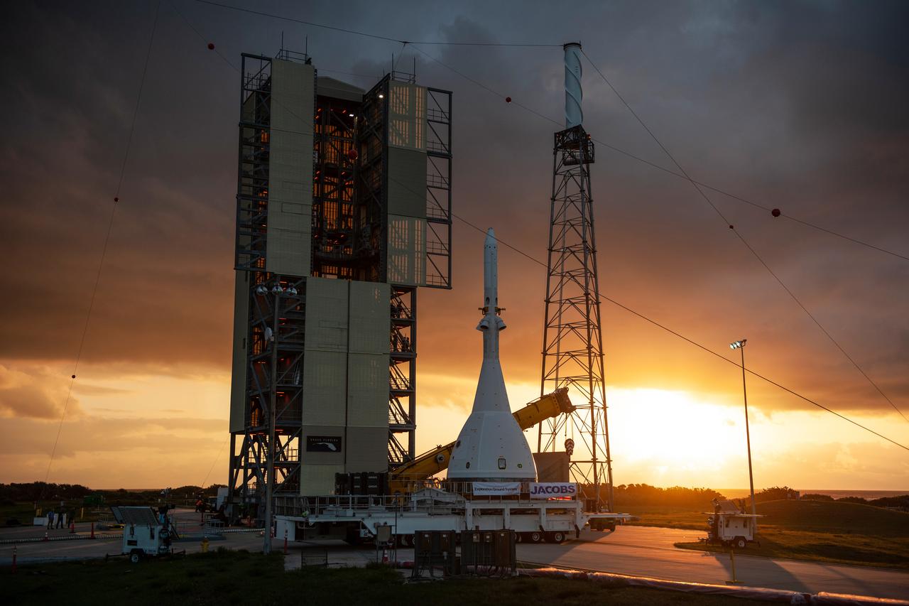 The Orion Ascent Abort-2 (AA-2) vehicle arrives at the launch pad for stacking with the abort test booster on May 23, 2019.