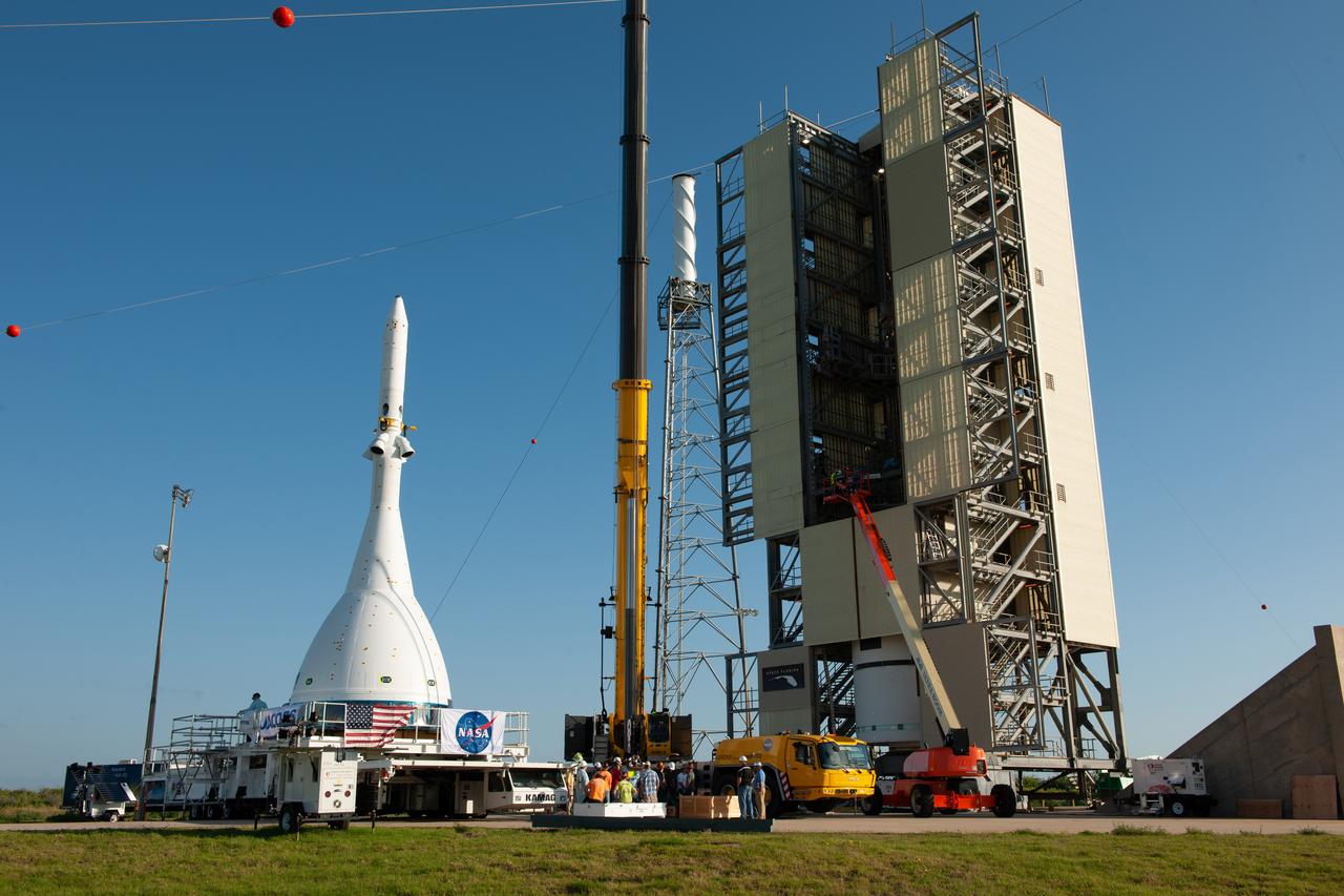 The Orion Ascent Abort-2 (AA-2) vehicle arrives at the launch pad for stacking with the abort test booster on May 23, 2019.