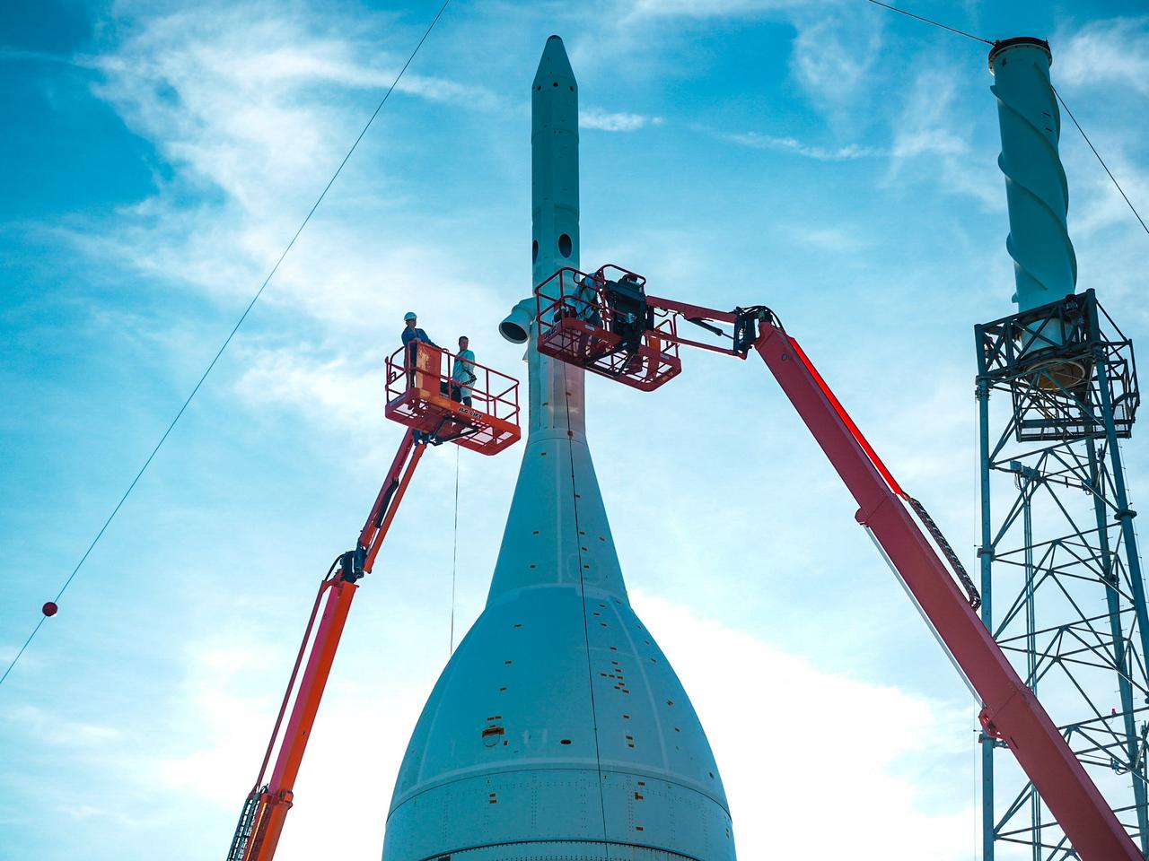 On July 1, 2019, the Orion Launch Abort System and Crew Module attached to the abort test booster are readied for flight on Ascent Abort-2 (AA-2). The successful test demonstrated the ability to carry the crew to safety in case of a mishap during ascent.