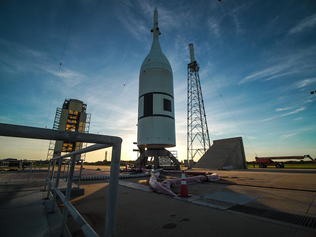 On July 1, 2019, the Orion Launch Abort System and Crew Module attached to the abort test booster are readied for flight on Ascent Abort-2 (AA-2). The successful test demonstrated the ability to carry the crew to safety in case of a mishap during ascent.