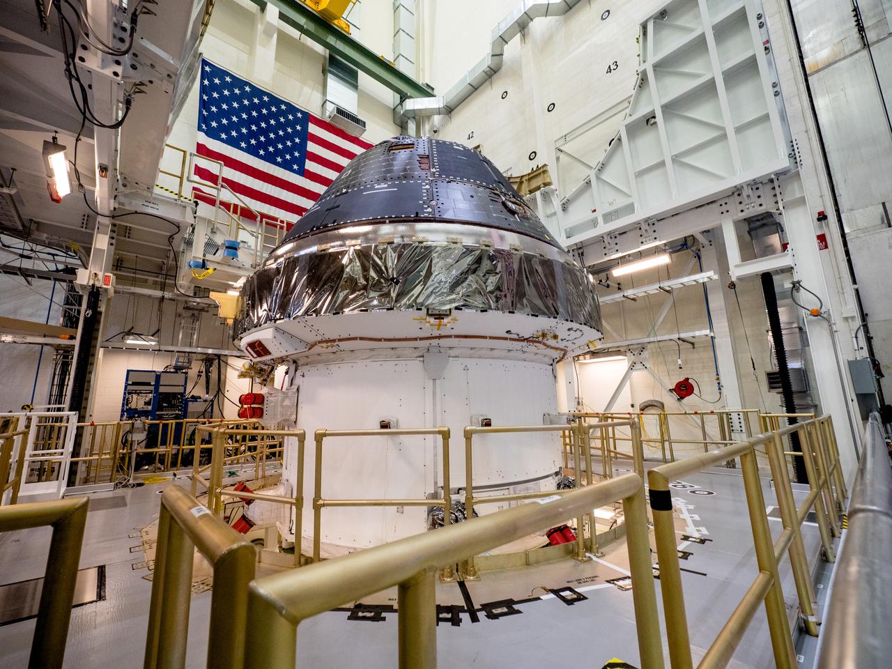 Vice President Mike Pence visited and gave remarks in the Neil Armstrong Operations and Checkout Building at NASA’s Kennedy Space Center in Florida on July 20, 2019 to commemorate the 50th anniversary of the agency’s Apollo 11 Moon landing and announce to America the completion of NASA’s Orion crew capsule, shown here on July 19, 2019, for the first Artemis lunar mission.