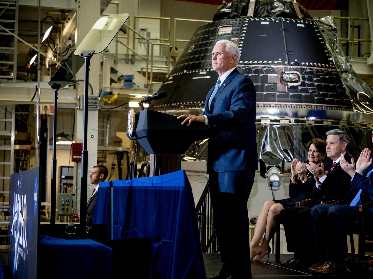 Vice President Mike Pence visited and gave remarks in the Neil Armstrong Operations and Checkout Building at NASA’s Kennedy Space Center in Florida on July 20, 2019 to commemorate the 50th anniversary of the agency’s Apollo 11 Moon landing and announce to America the completion of NASA’s Orion crew capsule, shown here on July 19, 2019, for the first Artemis lunar mission.