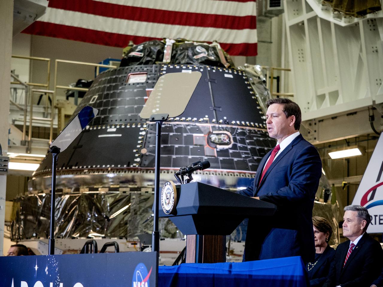 Vice President Mike Pence visited and gave remarks in the Neil Armstrong Operations and Checkout Building at NASA’s Kennedy Space Center in Florida on July 20, 2019 to commemorate the 50th anniversary of the agency’s Apollo 11 Moon landing and announce to America the completion of NASA’s Orion crew capsule, shown here on July 19, 2019, for the first Artemis lunar mission.