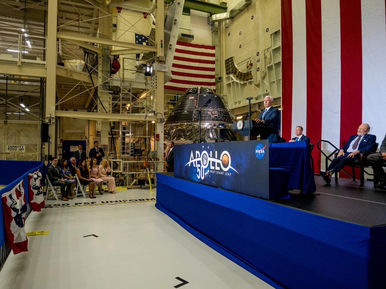 Vice President Mike Pence visited and gave remarks in the Neil Armstrong Operations and Checkout Building at NASA’s Kennedy Space Center in Florida on July 20, 2019 to commemorate the 50th anniversary of the agency’s Apollo 11 Moon landing and announce to America the completion of NASA’s Orion crew capsule, shown here on July 19, 2019, for the first Artemis lunar mission.