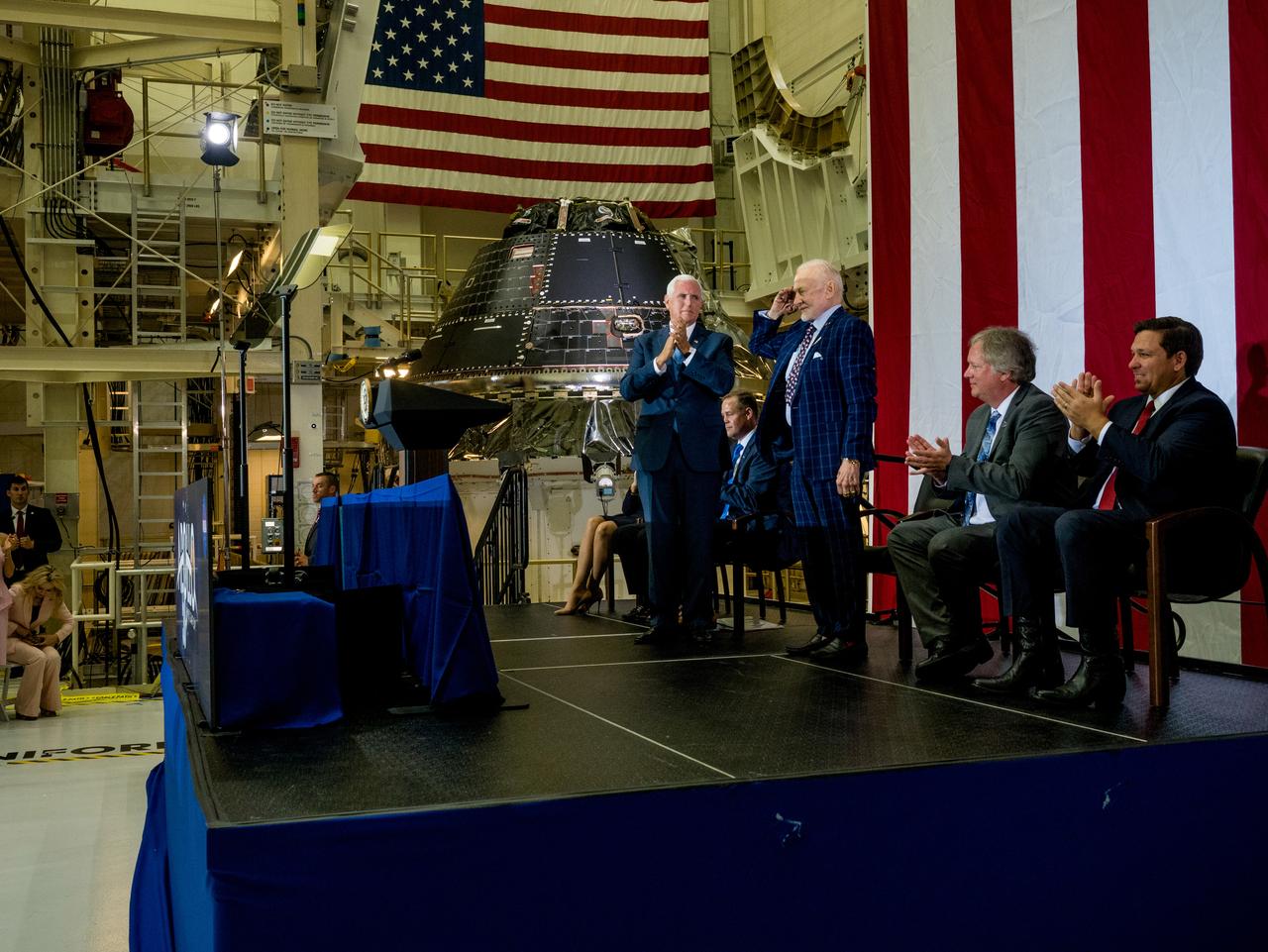 Vice President Mike Pence visited and gave remarks in the Neil Armstrong Operations and Checkout Building at NASA’s Kennedy Space Center in Florida on July 20, 2019 to commemorate the 50th anniversary of the agency’s Apollo 11 Moon landing and announce to America the completion of NASA’s Orion crew capsule, shown here on July 19, 2019, for the first Artemis lunar mission.