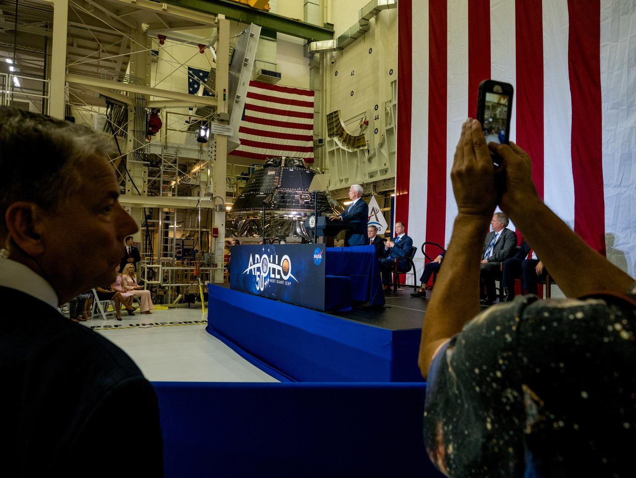 Vice President Mike Pence visited and gave remarks in the Neil Armstrong Operations and Checkout Building at NASA’s Kennedy Space Center in Florida on July 20, 2019 to commemorate the 50th anniversary of the agency’s Apollo 11 Moon landing and announce to America the completion of NASA’s Orion crew capsule, shown here on July 19, 2019, for the first Artemis lunar mission.