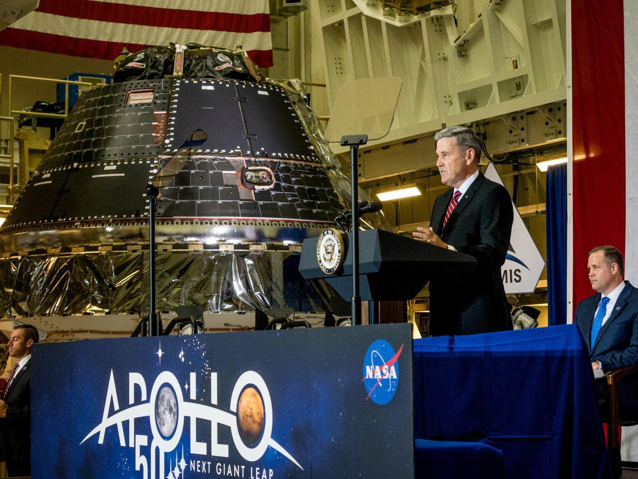 Vice President Mike Pence visited and gave remarks in the Neil Armstrong Operations and Checkout Building at NASA’s Kennedy Space Center in Florida on July 20, 2019 to commemorate the 50th anniversary of the agency’s Apollo 11 Moon landing and announce to America the completion of NASA’s Orion crew capsule, shown here on July 19, 2019, for the first Artemis lunar mission.