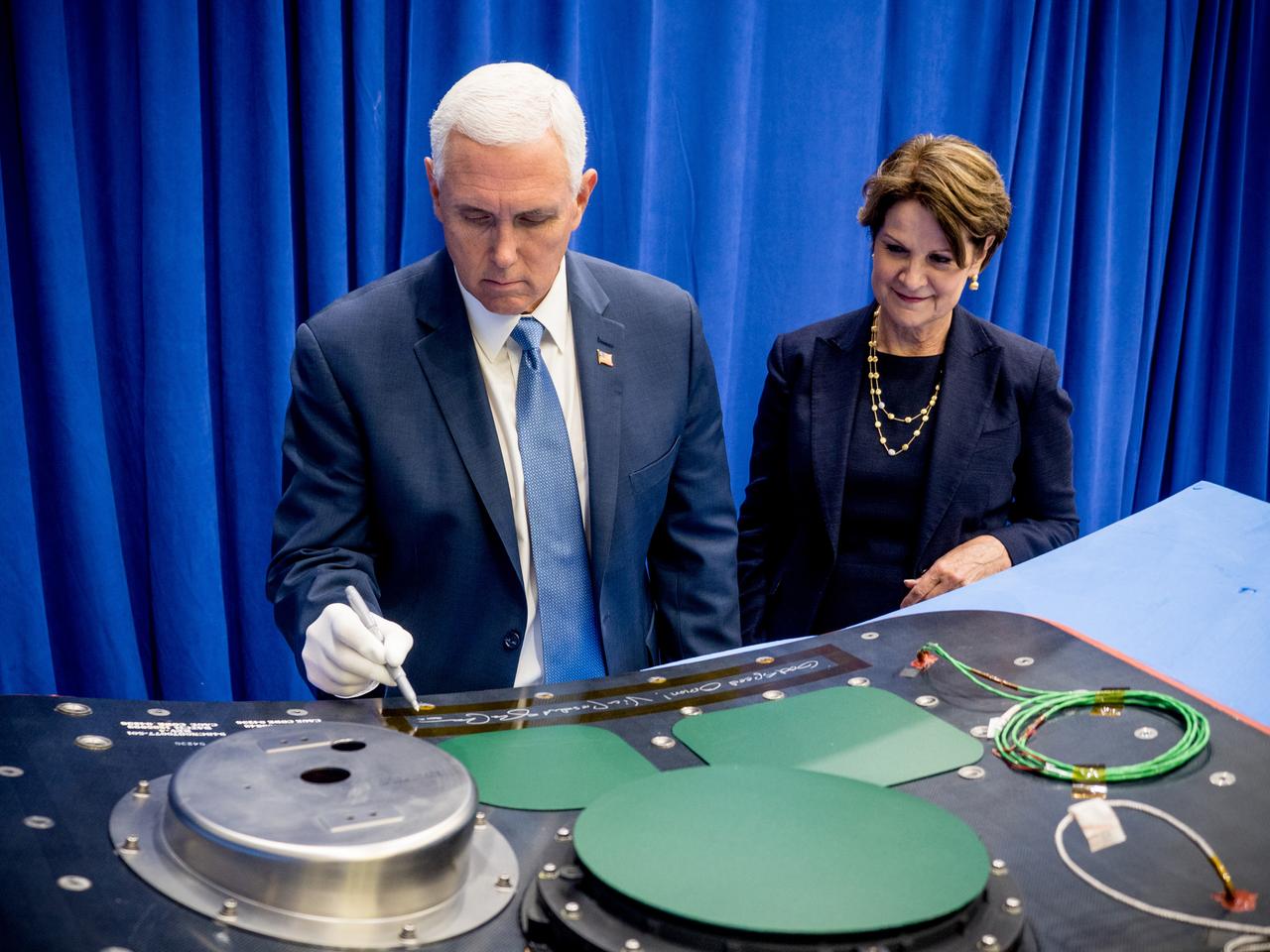 Vice President Mike Pence visited and gave remarks in the Neil Armstrong Operations and Checkout Building at NASA’s Kennedy Space Center in Florida on July 20, 2019 to commemorate the 50th anniversary of the agency’s Apollo 11 Moon landing and announce to America the completion of NASA’s Orion crew capsule, shown here on July 19, 2019, for the first Artemis lunar mission.