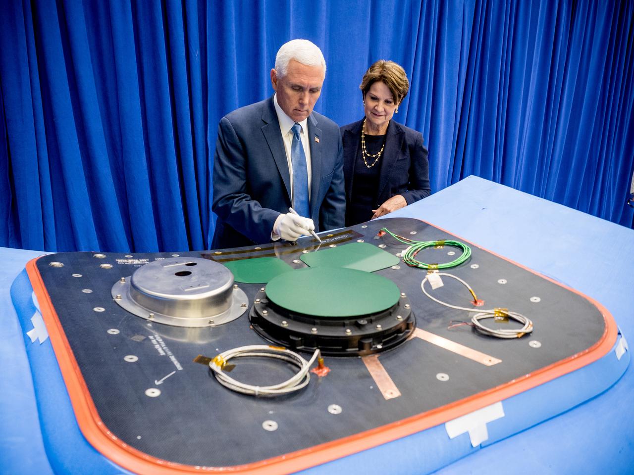 Vice President Mike Pence visited and gave remarks in the Neil Armstrong Operations and Checkout Building at NASA’s Kennedy Space Center in Florida on July 20, 2019 to commemorate the 50th anniversary of the agency’s Apollo 11 Moon landing and announce to America the completion of NASA’s Orion crew capsule, shown here on July 19, 2019, for the first Artemis lunar mission.