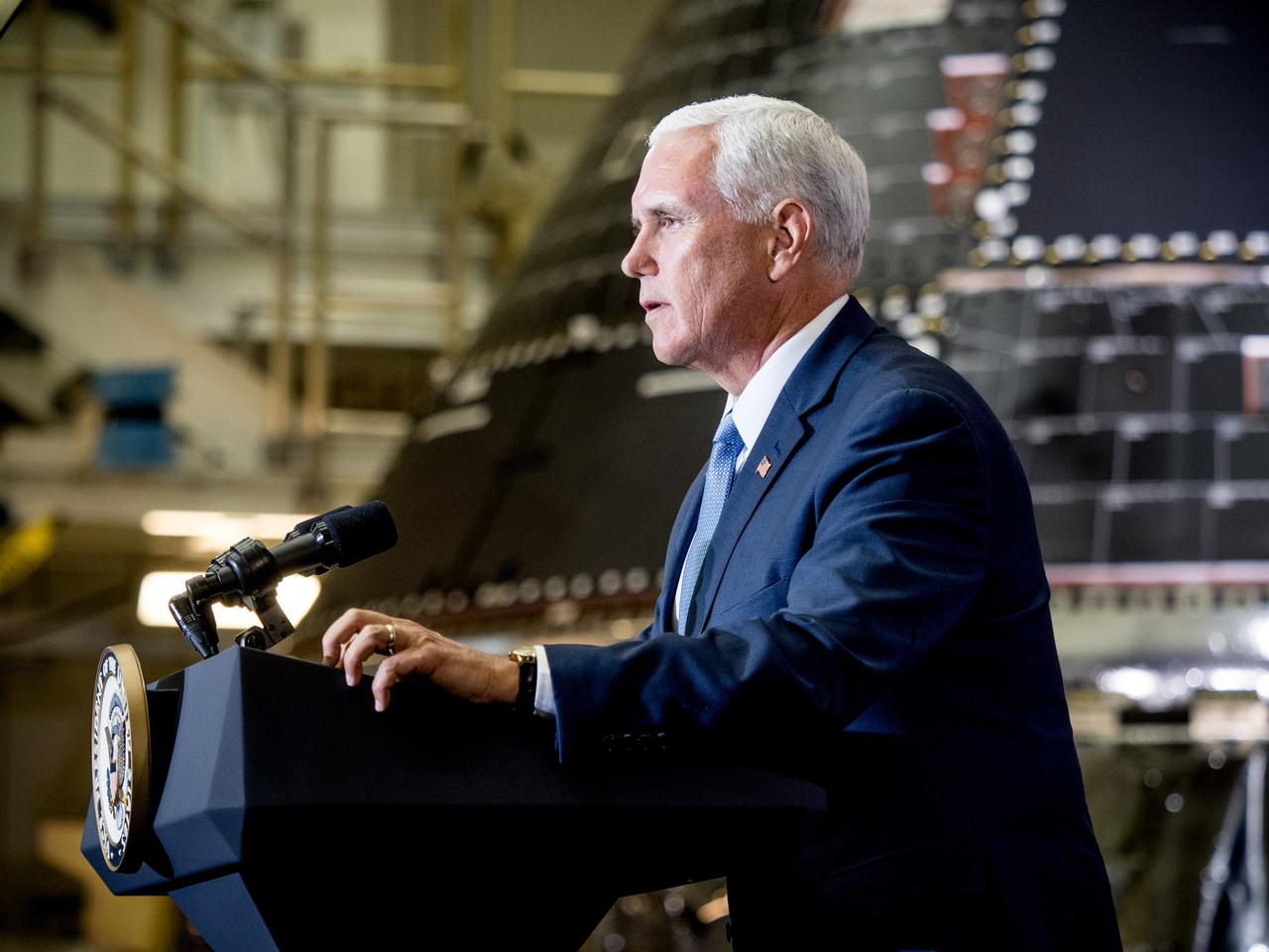 Vice President Mike Pence visited and gave remarks in the Neil Armstrong Operations and Checkout Building at NASA’s Kennedy Space Center in Florida on July 20, 2019 to commemorate the 50th anniversary of the agency’s Apollo 11 Moon landing and announce to America the completion of NASA’s Orion crew capsule, shown here on July 19, 2019, for the first Artemis lunar mission.