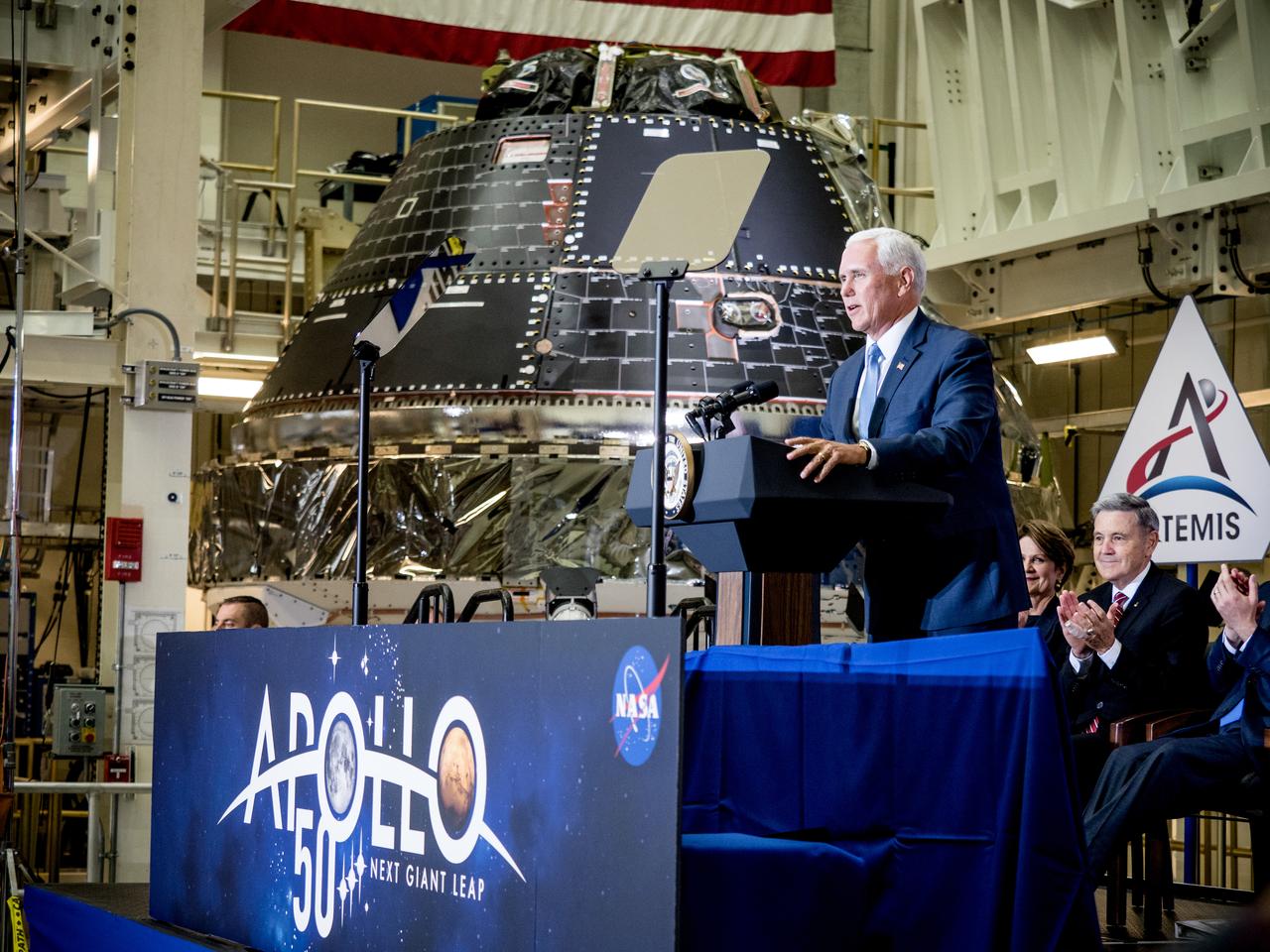 Vice President Mike Pence visited and gave remarks in the Neil Armstrong Operations and Checkout Building at NASA’s Kennedy Space Center in Florida on July 20, 2019 to commemorate the 50th anniversary of the agency’s Apollo 11 Moon landing and announce to America the completion of NASA’s Orion crew capsule, shown here on July 19, 2019, for the first Artemis lunar mission.