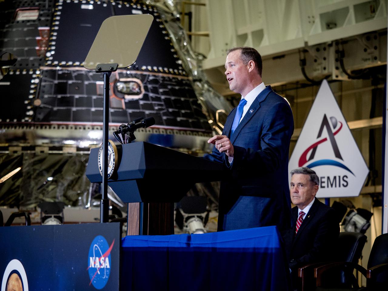 Vice President Mike Pence visited and gave remarks in the Neil Armstrong Operations and Checkout Building at NASA’s Kennedy Space Center in Florida on July 20, 2019 to commemorate the 50th anniversary of the agency’s Apollo 11 Moon landing and announce to America the completion of NASA’s Orion crew capsule, shown here on July 19, 2019, for the first Artemis lunar mission.