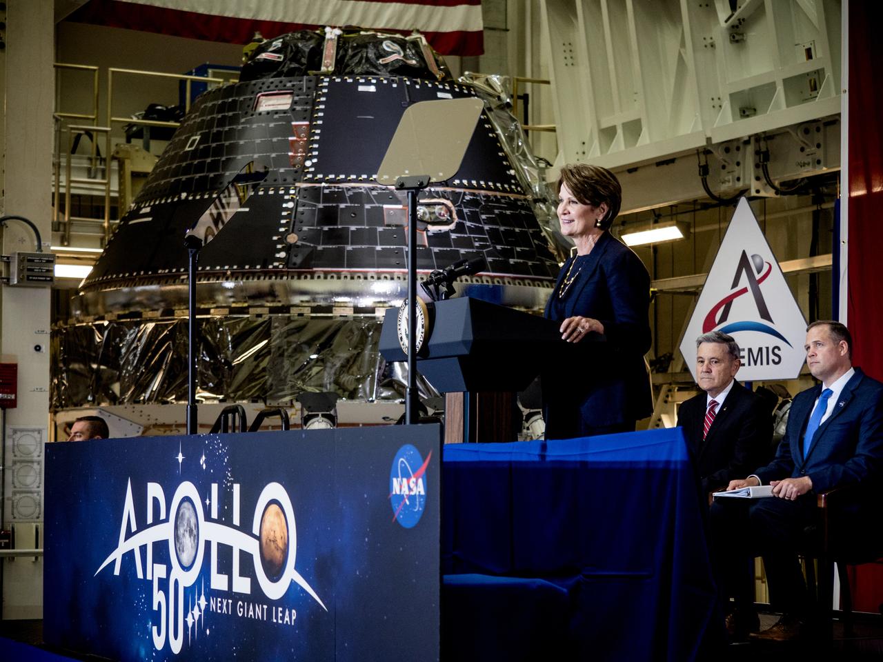 Vice President Mike Pence visited and gave remarks in the Neil Armstrong Operations and Checkout Building at NASA’s Kennedy Space Center in Florida on July 20, 2019 to commemorate the 50th anniversary of the agency’s Apollo 11 Moon landing and announce to America the completion of NASA’s Orion crew capsule, shown here on July 19, 2019, for the first Artemis lunar mission.