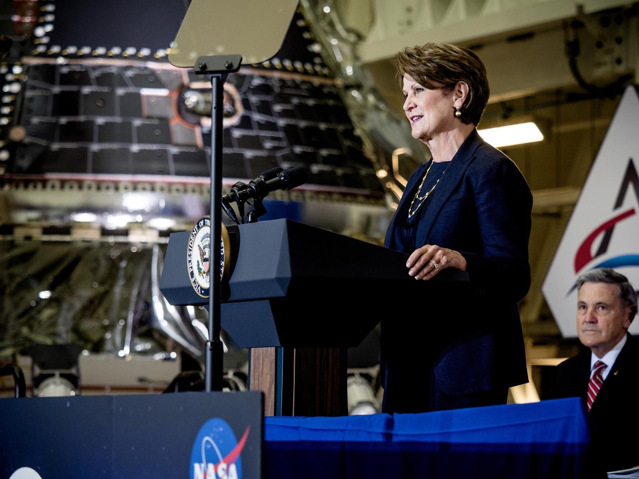 Vice President Mike Pence visited and gave remarks in the Neil Armstrong Operations and Checkout Building at NASA’s Kennedy Space Center in Florida on July 20, 2019 to commemorate the 50th anniversary of the agency’s Apollo 11 Moon landing and announce to America the completion of NASA’s Orion crew capsule, shown here on July 19, 2019, for the first Artemis lunar mission.