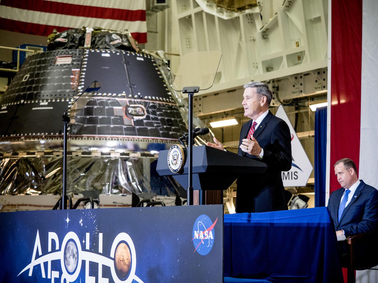 Vice President Mike Pence visited and gave remarks in the Neil Armstrong Operations and Checkout Building at NASA’s Kennedy Space Center in Florida on July 20, 2019 to commemorate the 50th anniversary of the agency’s Apollo 11 Moon landing and announce to America the completion of NASA’s Orion crew capsule, shown here on July 19, 2019, for the first Artemis lunar mission.