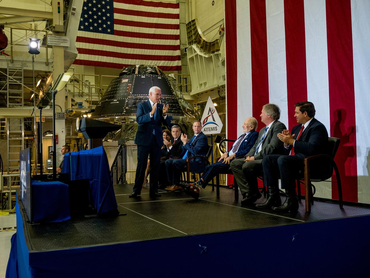 Vice President Mike Pence visited and gave remarks in the Neil Armstrong Operations and Checkout Building at NASA’s Kennedy Space Center in Florida on July 20, 2019 to commemorate the 50th anniversary of the agency’s Apollo 11 Moon landing and announce to America the completion of NASA’s Orion crew capsule, shown here on July 19, 2019, for the first Artemis lunar mission.