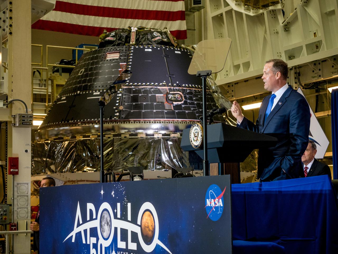 Vice President Mike Pence visited and gave remarks in the Neil Armstrong Operations and Checkout Building at NASA’s Kennedy Space Center in Florida on July 20, 2019 to commemorate the 50th anniversary of the agency’s Apollo 11 Moon landing and announce to America the completion of NASA’s Orion crew capsule, shown here on July 19, 2019, for the first Artemis lunar mission.