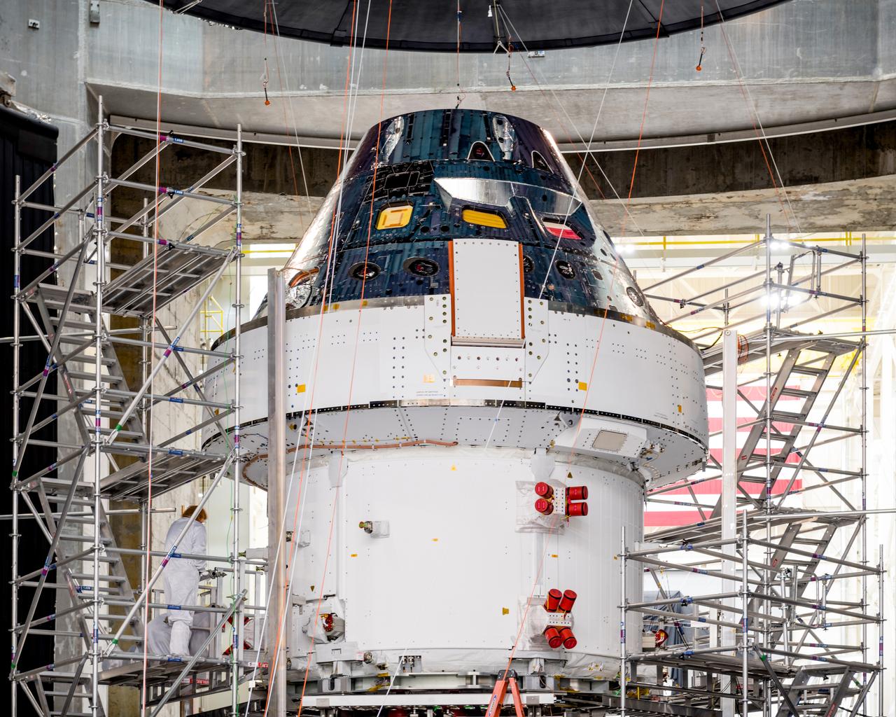 The Artemis I Orion spacecraft is prepared for the final set of environmental tests at NASA Glenn Research Center Neil A. Armstrong Test Facility (formerly Plum Brook Station) in Sandusky, Ohio on Feb. 21, 2020.