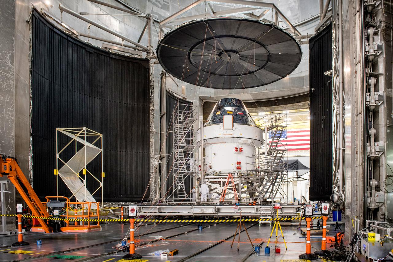 The Artemis I Orion spacecraft is prepared for the final set of environmental tests at NASA Glenn Research Center Neil A. Armstrong Test Facility (formerly Plum Brook Station) in Sandusky, Ohio on Feb. 21, 2020.