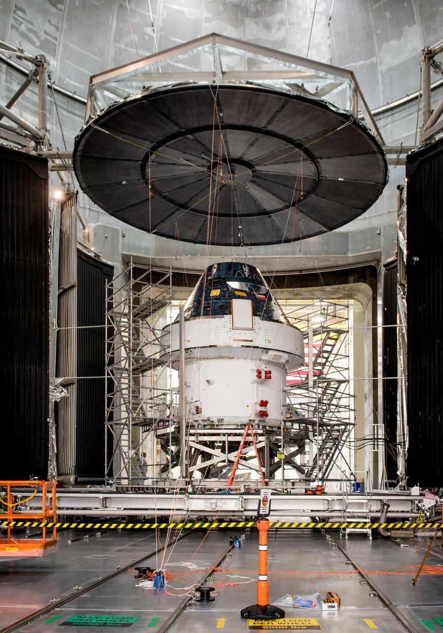 The Artemis I Orion spacecraft is prepared for the final set of environmental tests at NASA Glenn Research Center Neil A. Armstrong Test Facility (formerly Plum Brook Station) in Sandusky, Ohio on Feb. 21, 2020.