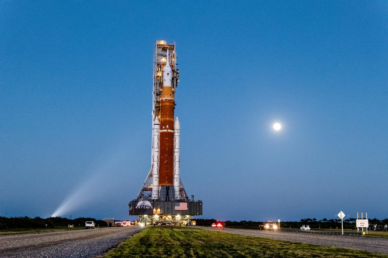 The Artemis I vehicle rolls for wet dress rehearsal from the Vehicle Assembly Building at NASA’s Kennedy Space Center on March 17, 2022. At the pad, the vehicle will undergo checkouts and teams will practice countdown to ensure the stack is ready for launch.