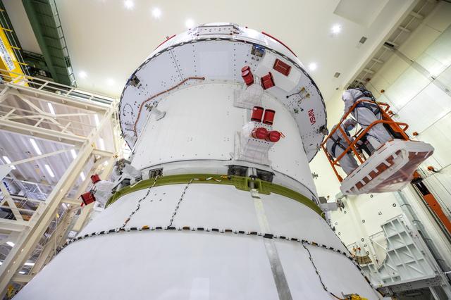 NASA image: NASA and ESA logo installation on Artemis I spacecraft
