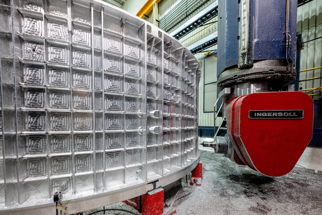 Machining of the tunnel, aft bulkhead, and barrel for the Artemis III Orion pressure vessel takes place at Ingersoll Machine Tool, Inc. in Rockford, Illinois on Sept. 28, 2020.