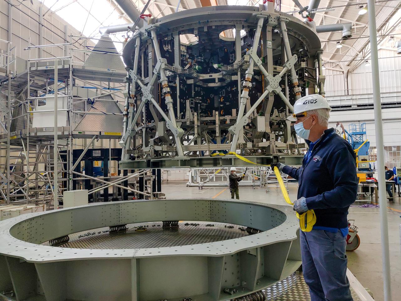 The ESA service module primary structure, which will propel Orion on the Artemis III flight carrying astronauts to land on the surface of the Moon, is ready to ship from Thales Alenia Space in Turin, Italy to Airbus in Bremen, Germany. Giorgio (Gios) Borello, Thales Alenia Space AIT (Assembly, Integration &amp; Testing) mechanical expert, guides the service module structure to the base of the transportation container on Sept. 30, 2020. Airbus will perform final assembly on the service module ahead of shipment to Kennedy Space Center where it will be integrated with the rest of the Orion spacecraft.