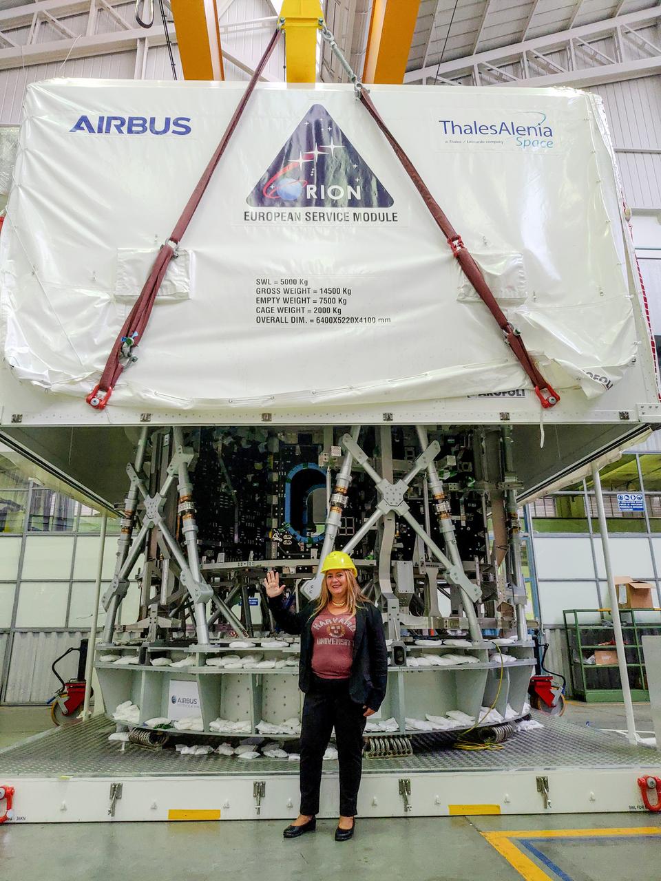 The ESA service module primary structure, which will propel Orion on the Artemis III flight carrying astronauts to land on the surface of the Moon, is ready to ship from Thales Alenia Space in Turin, Italy to Airbus in Bremen, Germany. Annamaria Piras, Thales Alenia Space Orion Program Manager, saying goodbye to the Artemis III service module structure as the lid lowers on the transportation container on Oct 2, 2020. Next stop, Airbus in Bremen, Germany. Airbus will perform final assembly on the service module ahead of shipment to Kennedy Space Center where it will be integrated with the rest of the Orion spacecraft.