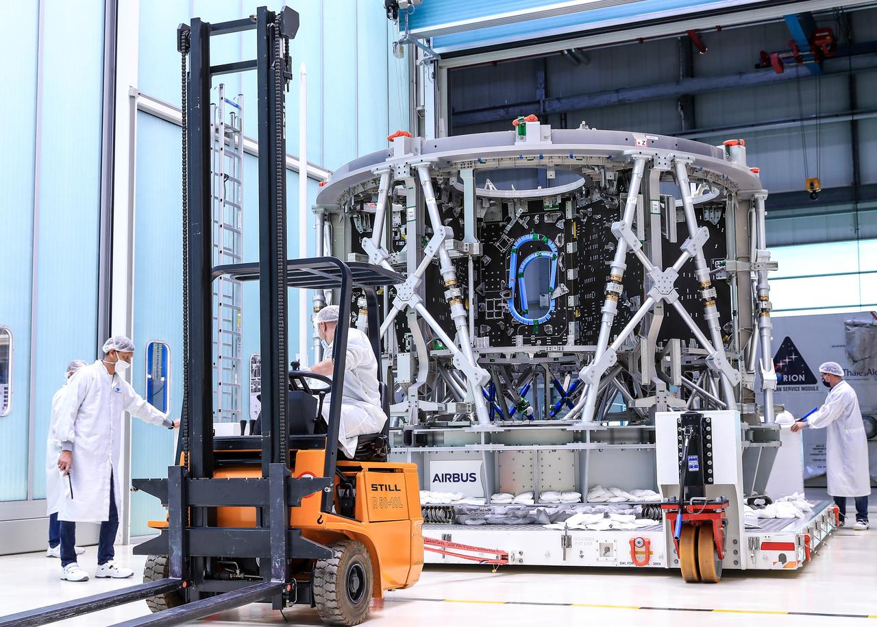 The Orion European Service Module structure that will fly the first woman and next man to land on the Moon and return on the Artemis III mission arrived at the Airbus integration hall in Bremen, Germany, from its Thales Alenia Space manufacturing site in Turin, Italy on Oct. 9, 2020.