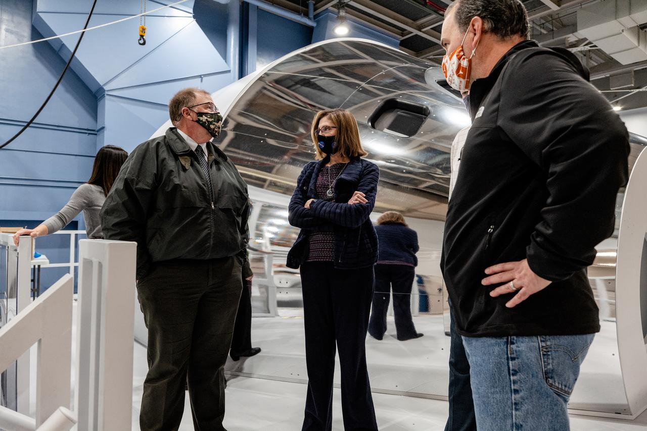 Examination of Orion spacecraft simulator that recently arrived at the agency’s Johnson Space Center in Houston on Dec. 8, 2020. The simulator provides the ability for astronauts, engineers, and flight controllers to train and practice for scenarios during Artemis missions to the Moon. The interior of the simulator is being outfitted with Orion’s display and control system and crew seats to mimic what astronaut will experience during liftoff to the lunar vicinity and on their way back home to Earth.