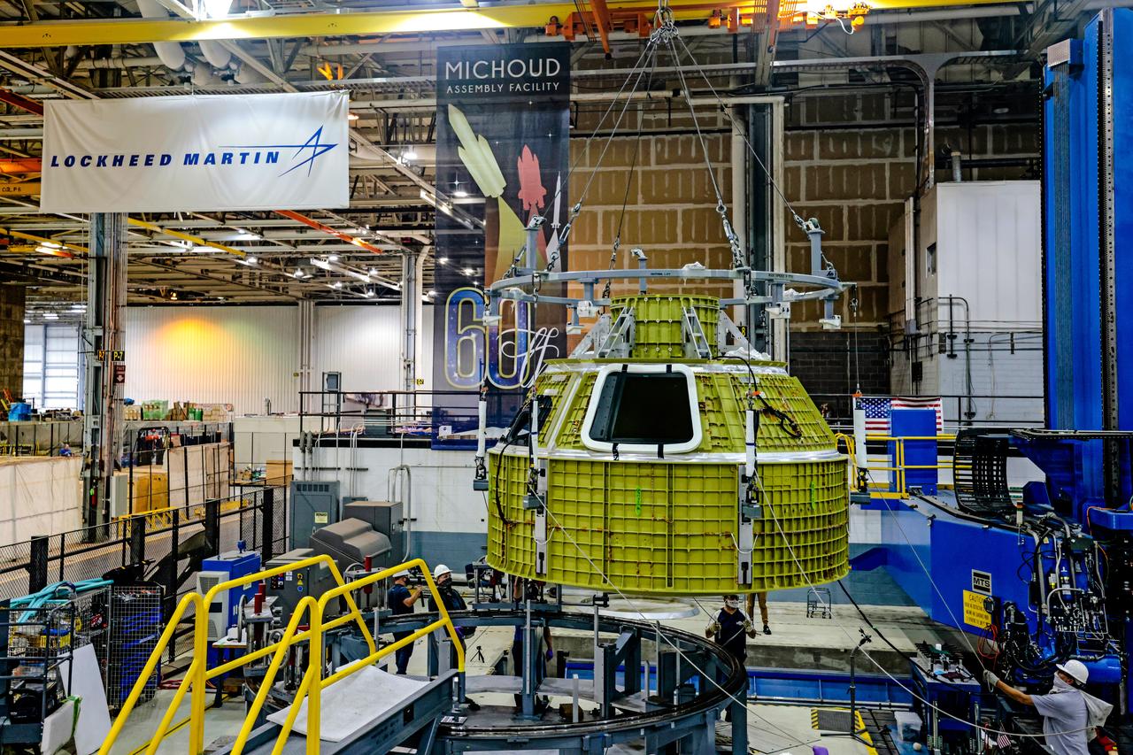 At NASA's Michoud Assembly Facility in New Orleans, Orion's newly completed pressure vessel for the Artemis III mission is lifted out of the welding tool on Aug. 27, 2021. The pressure vessel is the primary structure for Orion's crew module, joined together using state-of-the-art welding by technicians from lead contractor Lockheed Martin.