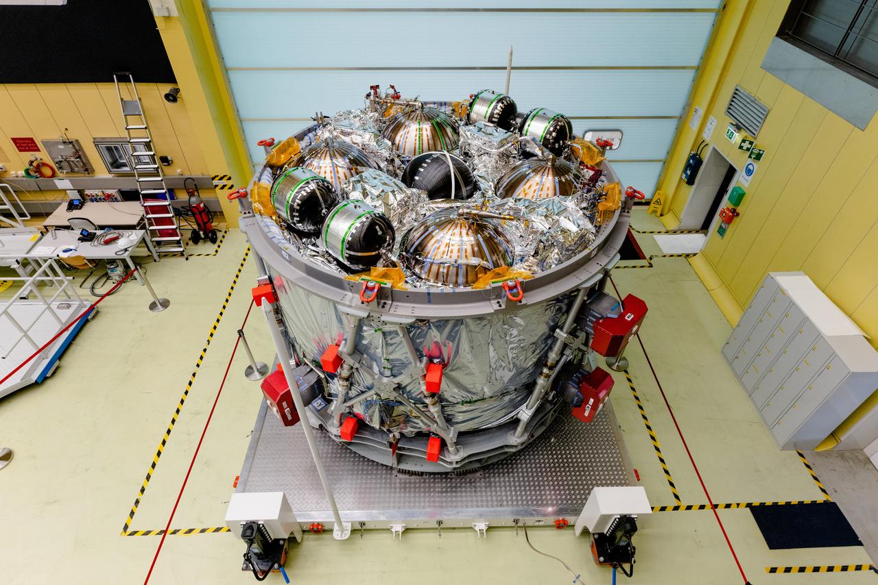 In Bremen, Germany the Airbus Space team prepares the Orion European Service Module-2 for shipment to Kennedy Space Center on Oct. 7, 2021. ESM-2 will power Orion on Artemis II, Orion's first flight with crew.