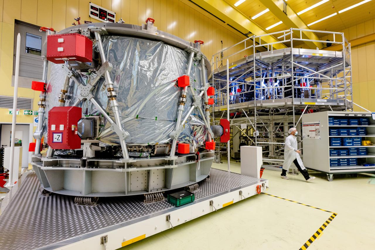 In Bremen, Germany the Airbus Space team prepares the Orion European Service Module-2 for shipment to Kennedy Space Center on Oct. 7, 2021. ESM-2 will power Orion on Artemis II, Orion's first flight with crew.