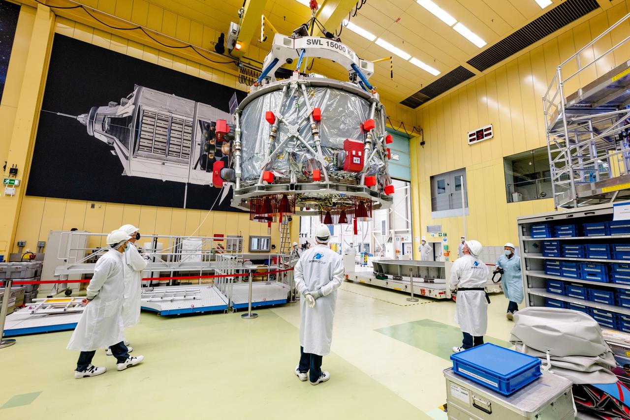 In Bremen, Germany the Airbus Space team prepares the Orion European Service Module-2 for shipment to Kennedy Space Center on Oct. 7, 2021. ESM-2 will power Orion on Artemis II, Orion's first flight with crew.