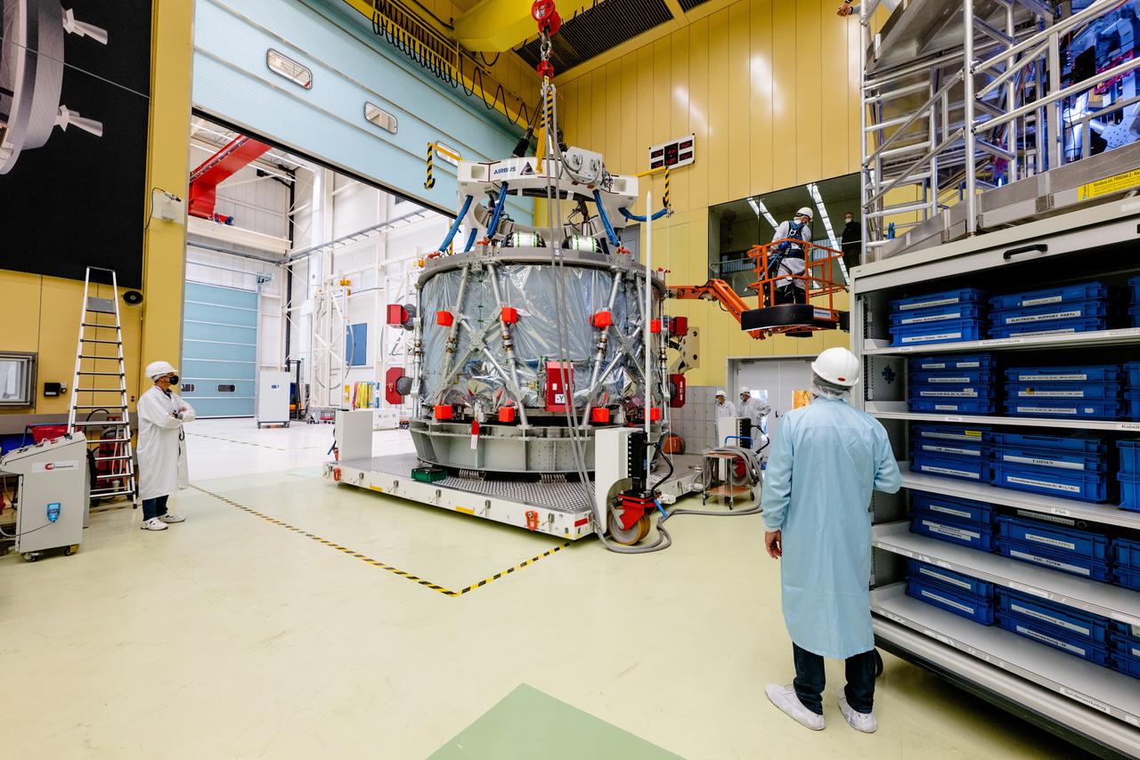 In Bremen, Germany the Airbus Space team prepares the Orion European Service Module-2 for shipment to Kennedy Space Center on Oct. 7, 2021. ESM-2 will power Orion on Artemis II, Orion's first flight with crew.