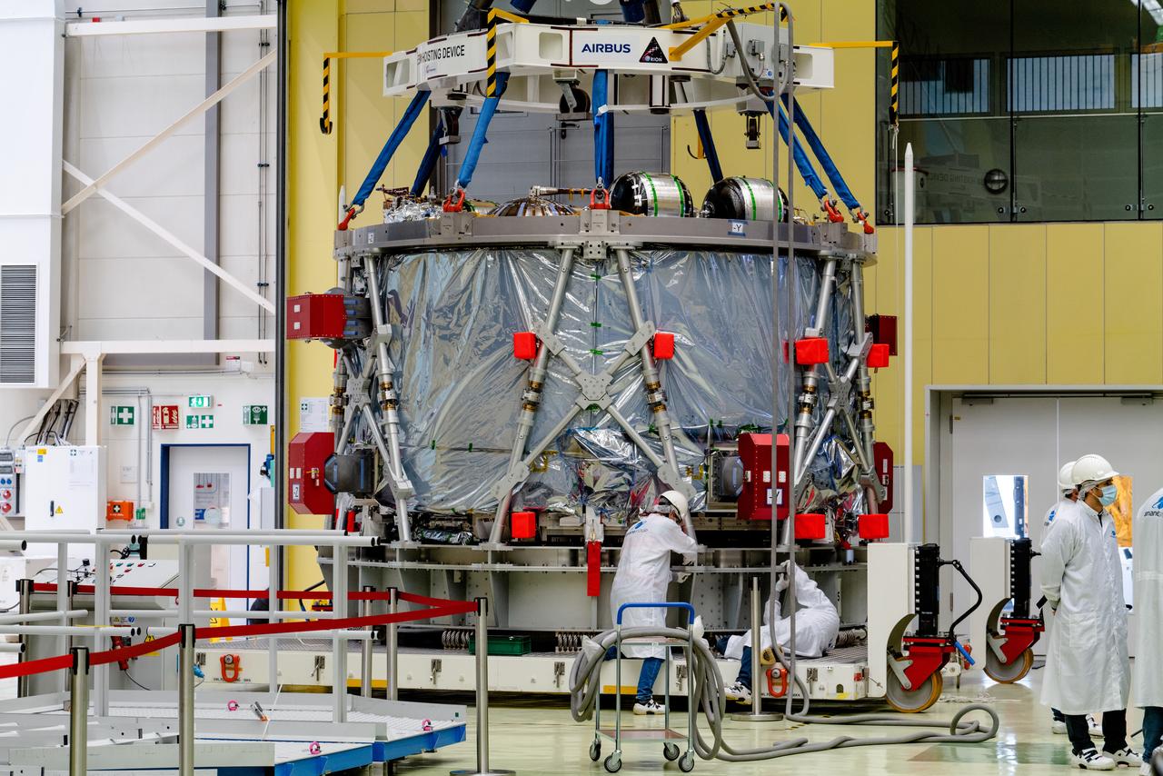 In Bremen, Germany the Airbus Space team prepares the Orion European Service Module-2 for shipment to Kennedy Space Center on Oct. 7, 2021. ESM-2 will power Orion on Artemis II, Orion's first flight with crew.
