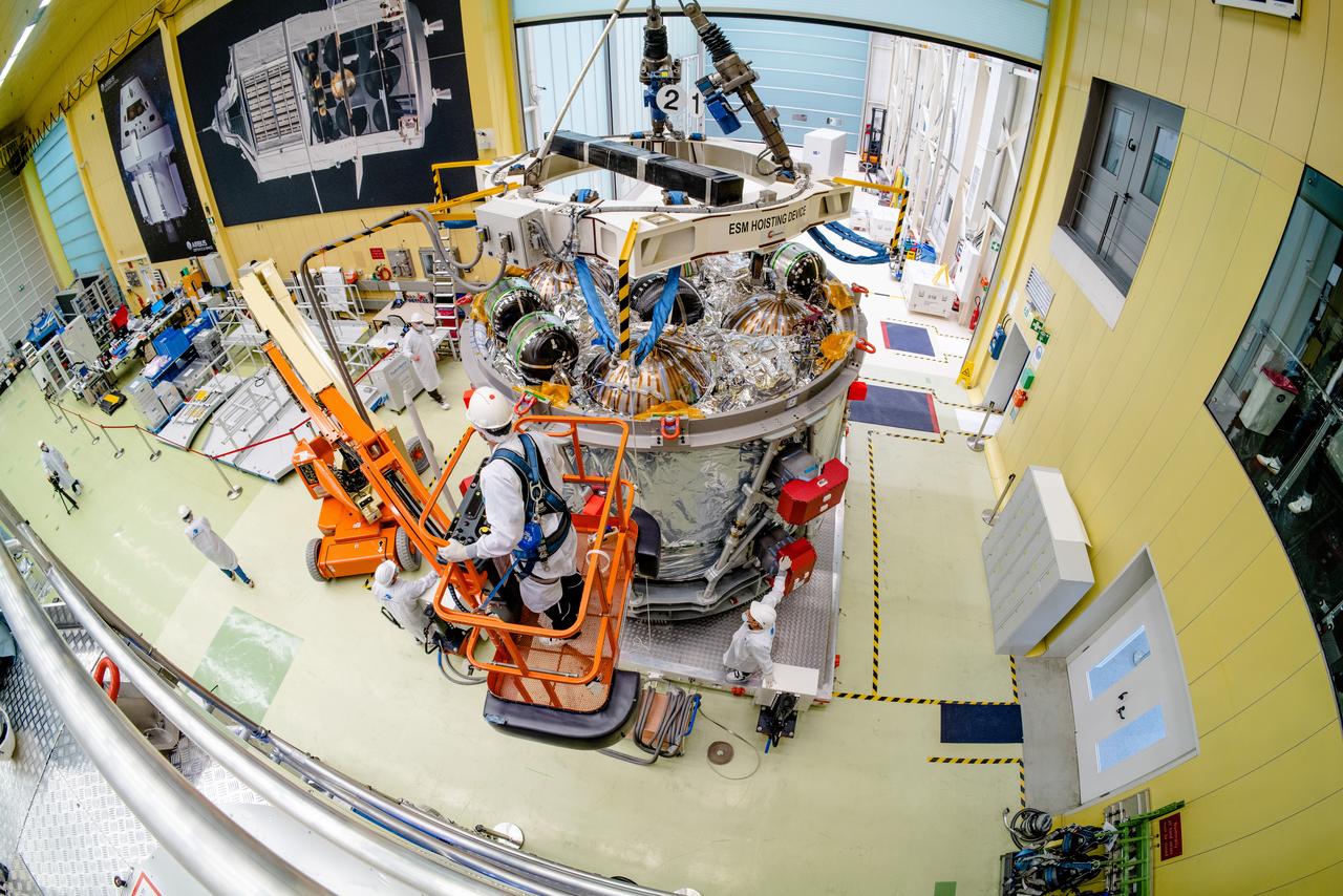 In Bremen, Germany the Airbus Space team prepares the Orion European Service Module-2 for shipment to Kennedy Space Center on Oct. 7, 2021. ESM-2 will power Orion on Artemis II, Orion's first flight with crew.
