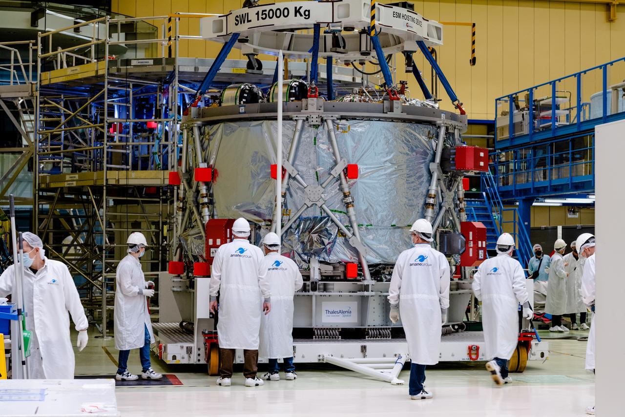 In Bremen, Germany the Airbus Space team prepares the Orion European Service Module-2 for shipment to Kennedy Space Center on Oct. 7, 2021. ESM-2 will power Orion on Artemis II, Orion's first flight with crew.
