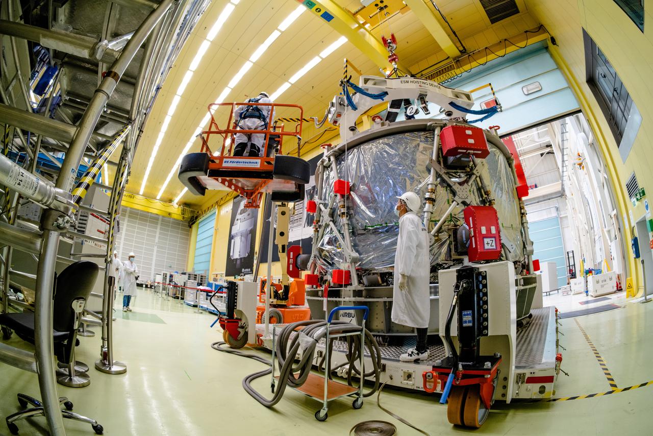In Bremen, Germany the Airbus Space team prepares the Orion European Service Module-2 for shipment to Kennedy Space Center on Oct. 7, 2021. ESM-2 will power Orion on Artemis II, Orion's first flight with crew.