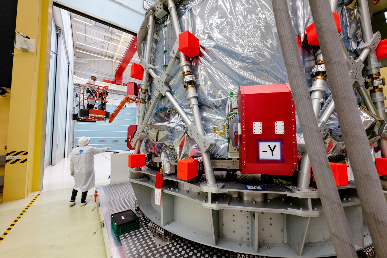 In Bremen, Germany the Airbus Space team prepares the Orion European Service Module-2 for shipment to Kennedy Space Center on Oct. 7, 2021. ESM-2 will power Orion on Artemis II, Orion's first flight with crew.