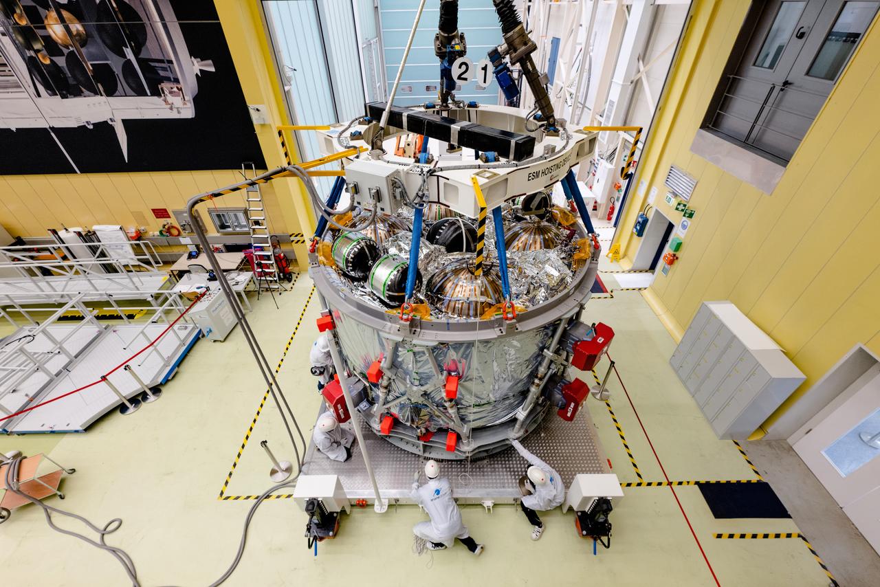 In Bremen, Germany the Airbus Space team prepares the Orion European Service Module-2 for shipment to Kennedy Space Center on Oct. 7, 2021. ESM-2 will power Orion on Artemis II, Orion's first flight with crew.