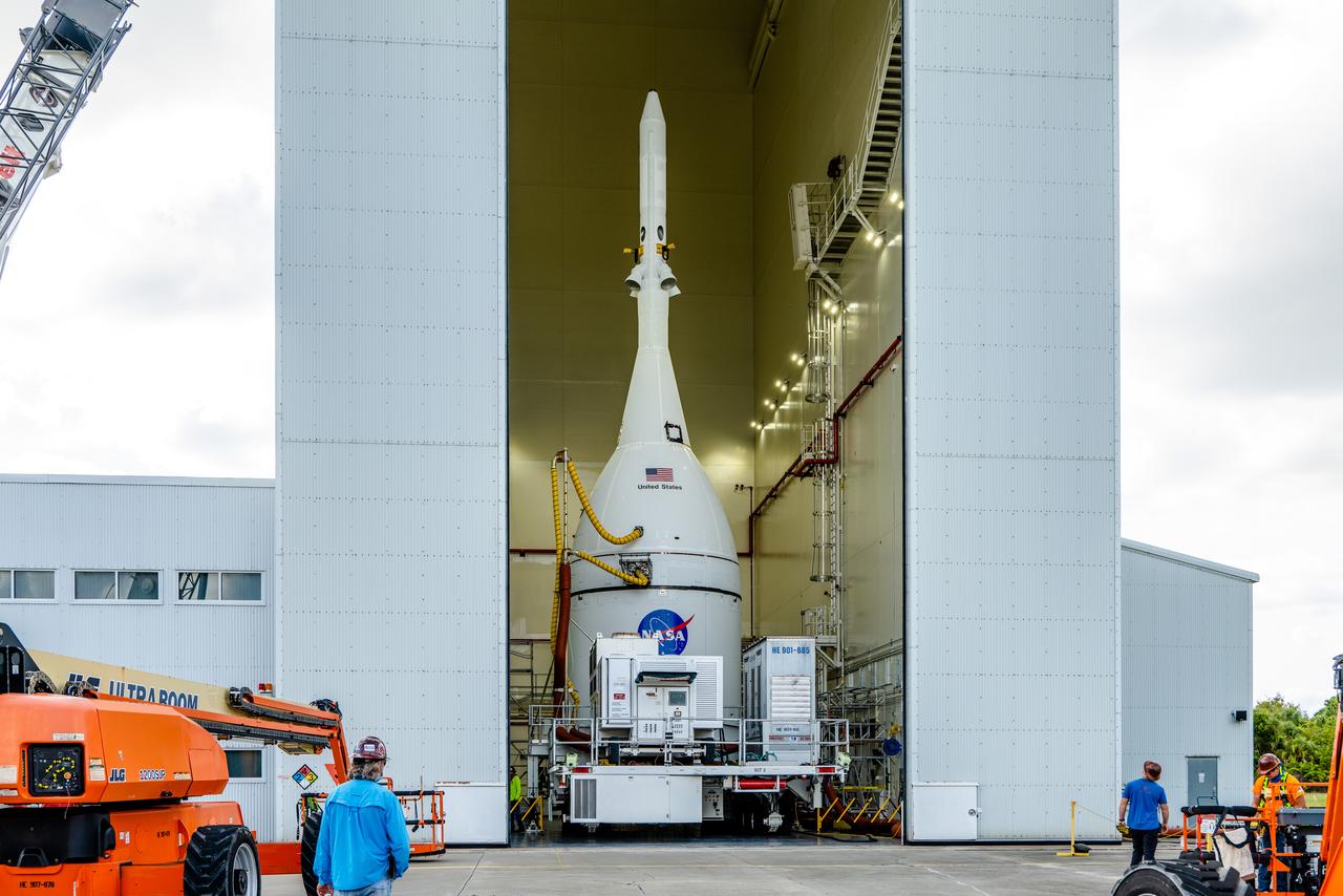 The team at Kennedy Space Center prepares the Artemis I Orion for transport from the Launch Abort System Facility to the Vehicle Assembly Building where it will be stacked atop the Launch Abort System.