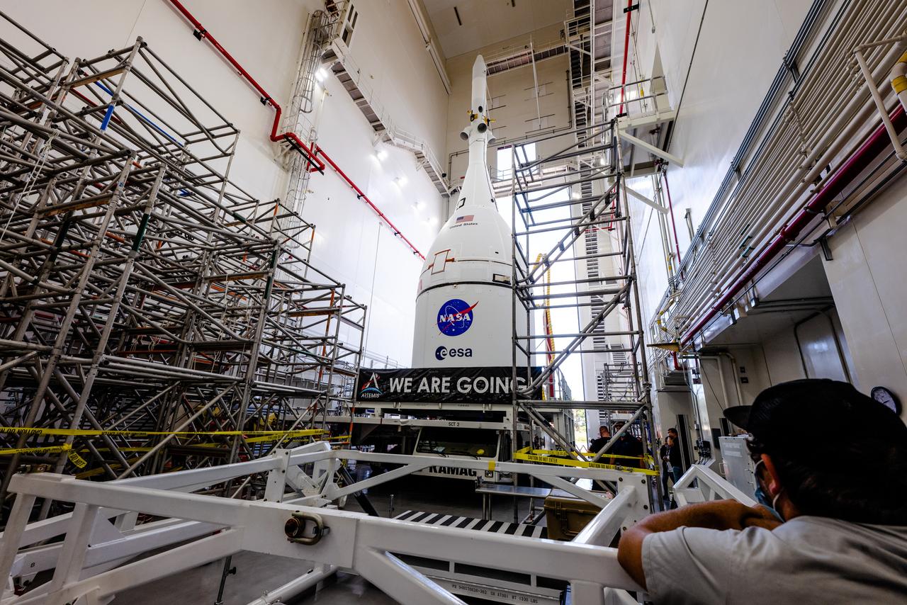 The team at Kennedy Space Center prepares the Artemis I Orion for transport from the Launch Abort System Facility to the Vehicle Assembly Building where it will be stacked atop the Launch Abort System.