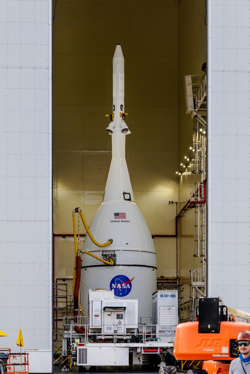 The team at Kennedy Space Center prepares the Artemis I Orion for transport from the Launch Abort System Facility to the Vehicle Assembly Building where it will be stacked atop the Launch Abort System.