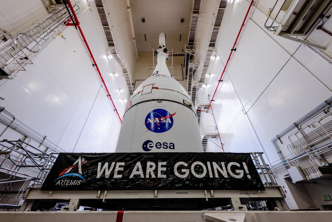 The team at Kennedy Space Center prepares the Artemis I Orion for transport from the Launch Abort System Facility to the Vehicle Assembly Building where it will be stacked atop the Launch Abort System.